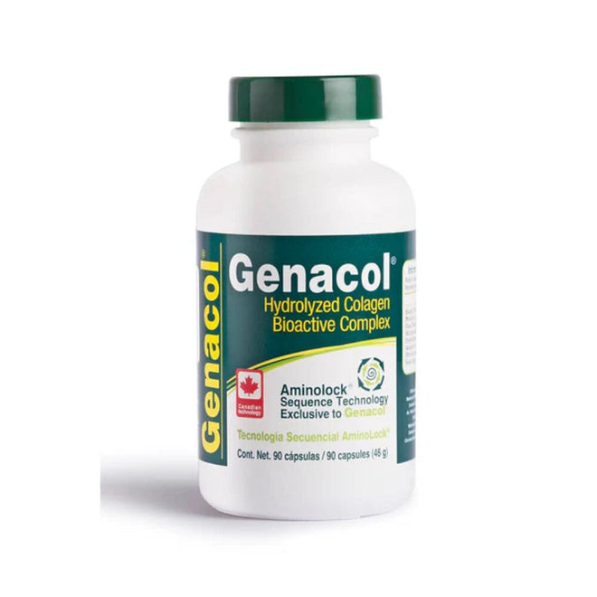 Cajas de Genacol 90 cápsulas de colágeno hidrolizado para salud, en envase blanco con etiqueta azul y texto de la marca.