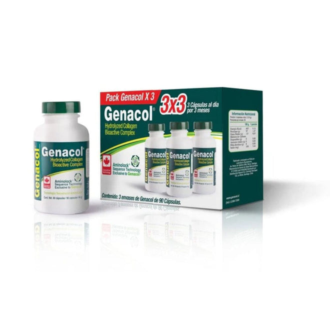 Pack de 3 frascos de vitaminas y salud Genacol, suplemento para bienestar y cuidado del cuerpo.