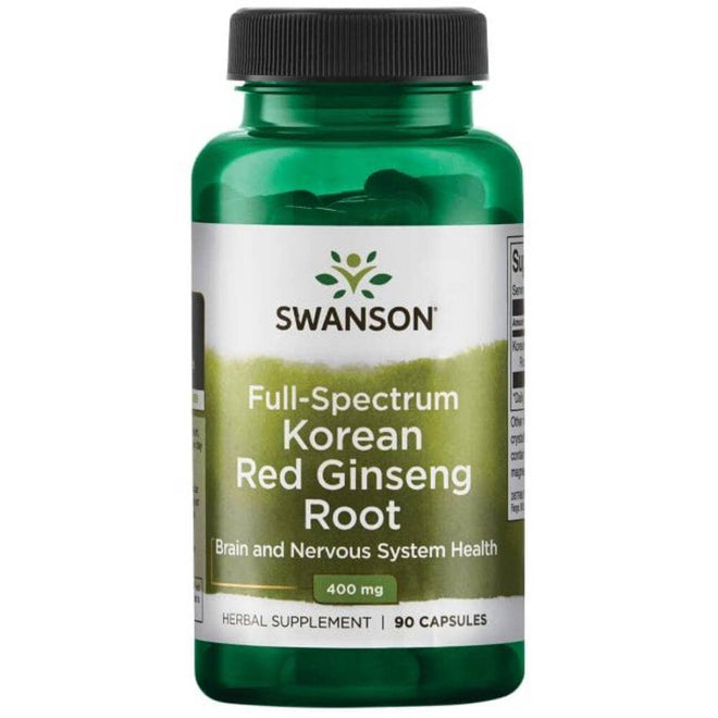 Frasco de Ginseng Rojo Coreano de Swanson con 90 cápsulas, 400 mg por cápsula.