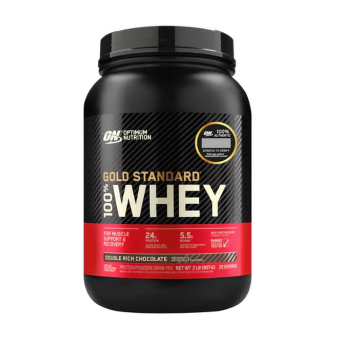 Proteínas de suero 100% Whey Protein Gold Standard de Optimum Nutrition en sabor chocolate, en envase de 2 libras.