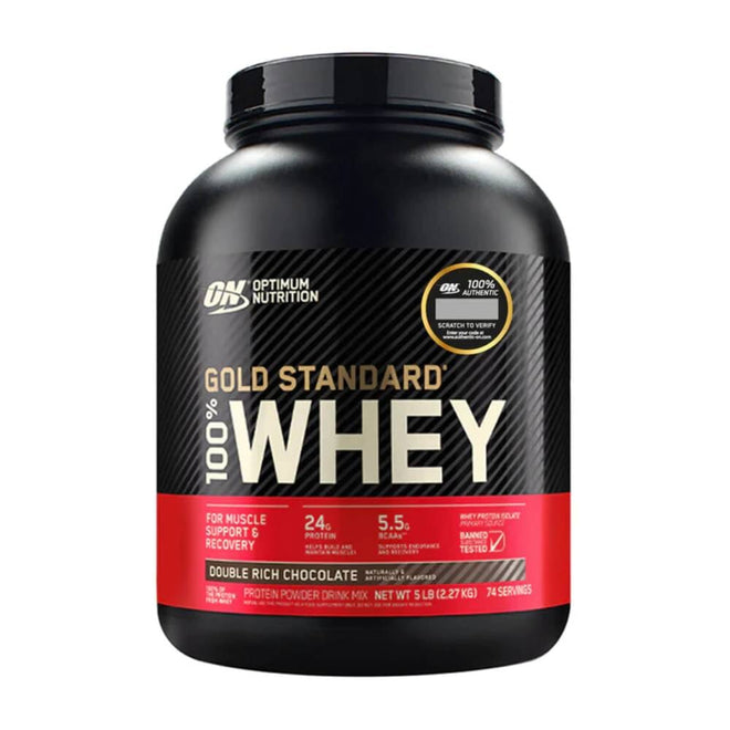 Gold Standard 100% Whey de Optimum Nutrition, envase negro de 5 lb con franja roja, sabor Double Rich Chocolate.