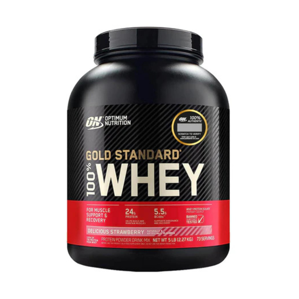 Gold Standard 100% Whey de Optimum Nutrition, envase de 5 lb sabor Strawberry