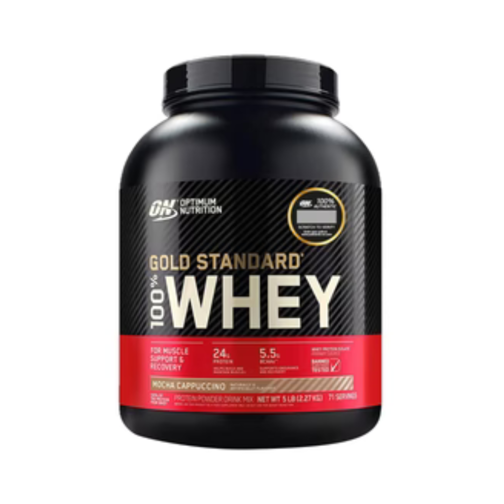Gold Standard 100% Whey de Optimum Nutrition, envase de 5 lb sabor Mocachino