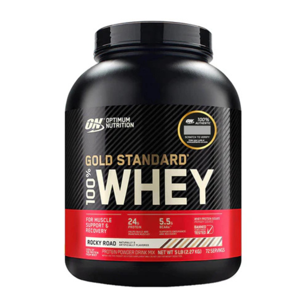 Gold Standard 100% Whey de Optimum Nutrition, envase de 5 lb sabor Rocky Road