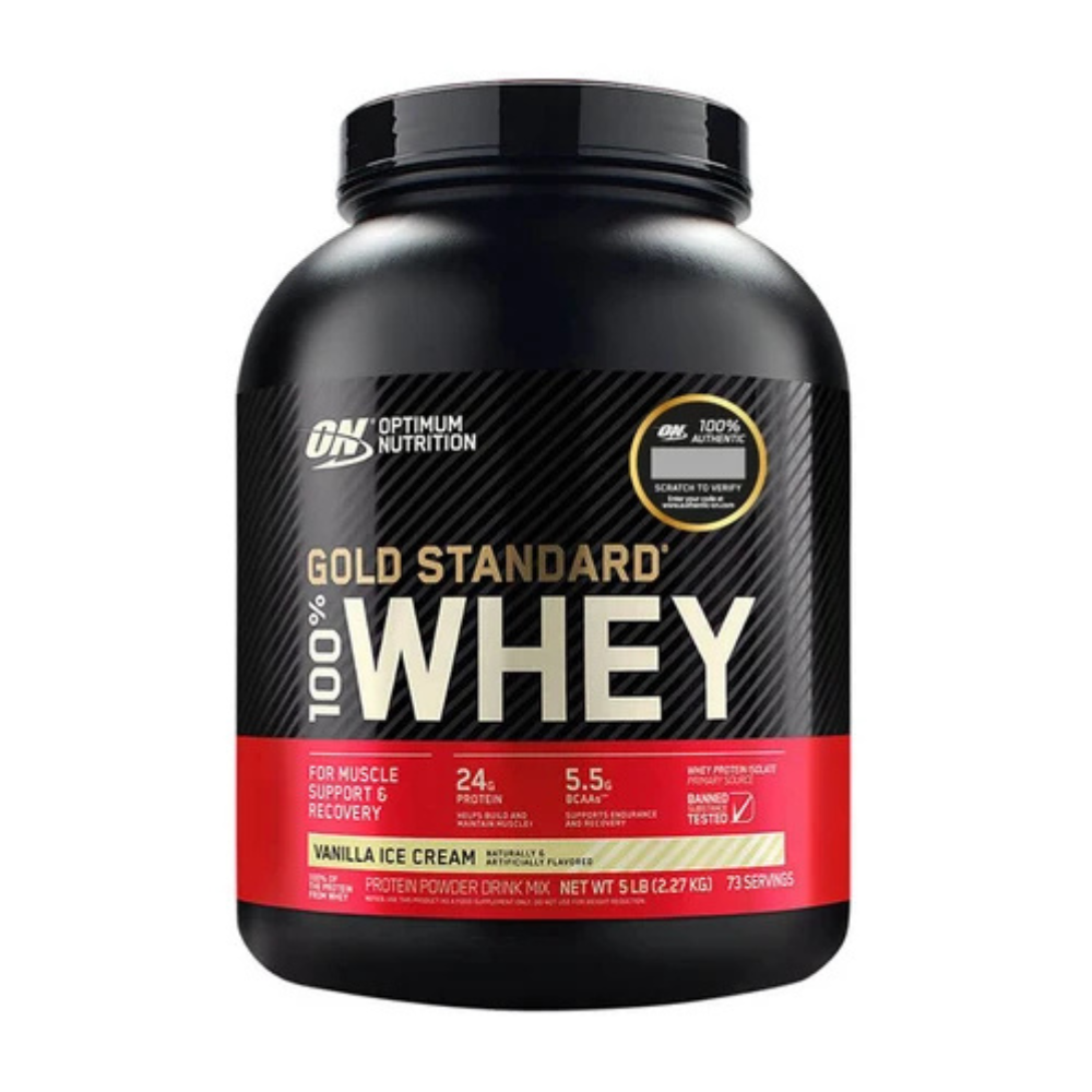 Gold Standard 100% Whey de Optimum Nutrition, envase de 5 lb sabor Vainilla Ice Cream