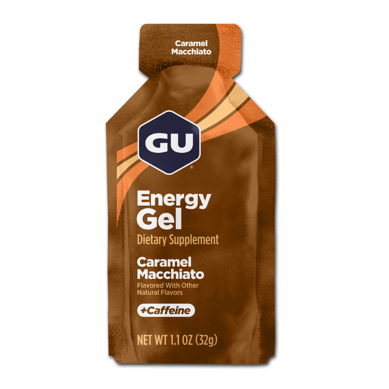 Gel energético GU con cafeína en caja de 24 sobres, snack de endurance con sabores variados para deportistas.