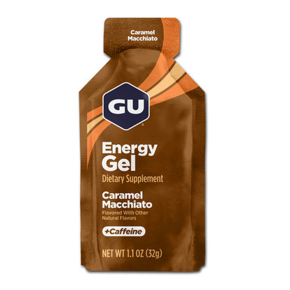 Gel energético GU con cafeína en caja de 24 sobres, snack de endurance con sabores variados para deportistas.