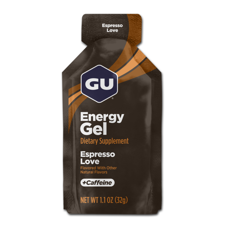 Gel energético GU con cafeína, caja de 24 unidades, ideal para running y endurance, en varios sabores.