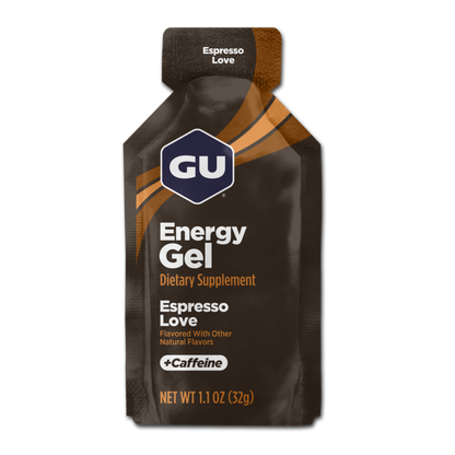 Gel energético GU con cafeína, caja de 24 unidades, ideal para running y endurance, en varios sabores.