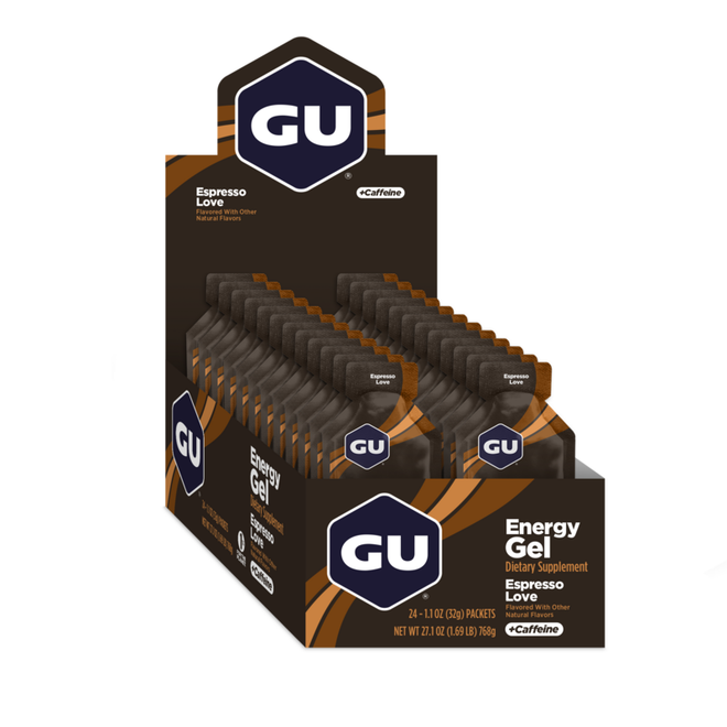 Gel energético GU con cafeína en caja de 24 unidades, snack de endurance para mejorar el rendimiento durante actividades físicas.