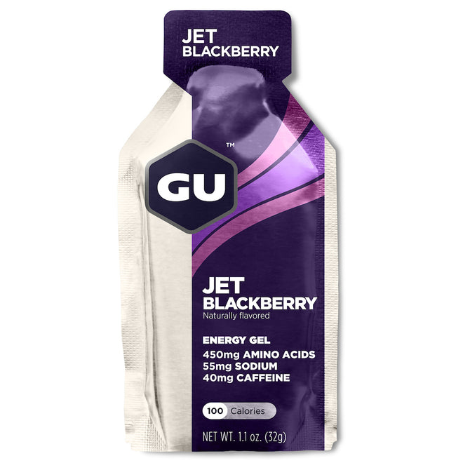 Gel energético GU con cafeína, paquete de 12 unidades, ideal para snacks y endurance, con sabor y textura en la imagen.