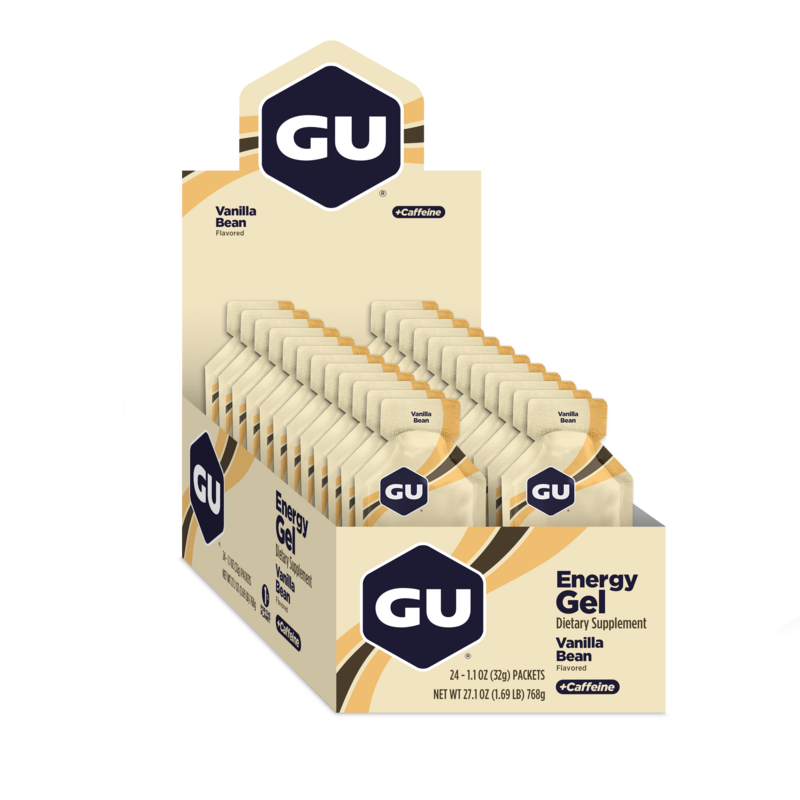 Gel energético GU con cafeína en sabores variados, 24 unidades, ideal para snacks y resistencia durante el ejercicio.