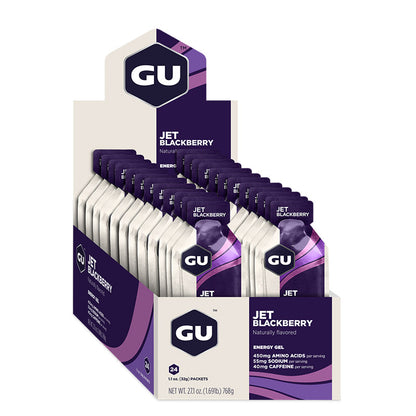 Gel energético GU con cafeína en sobre de 32g, ideal para snacks y endurance, muestra el envase y la marca GU.