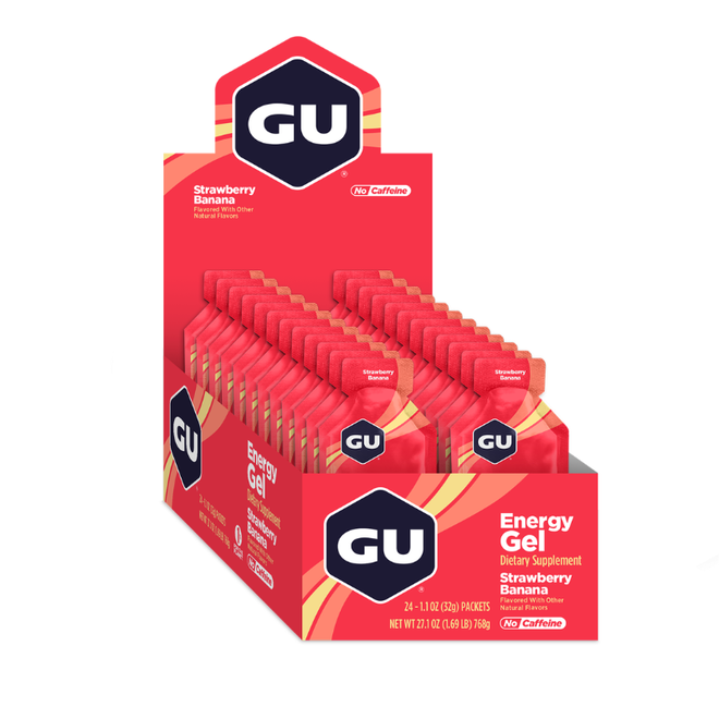 Gel energético sin cafeína GU en caja de 24 unidades, snack de endurance para deportistas, fácil de llevar y consumir.