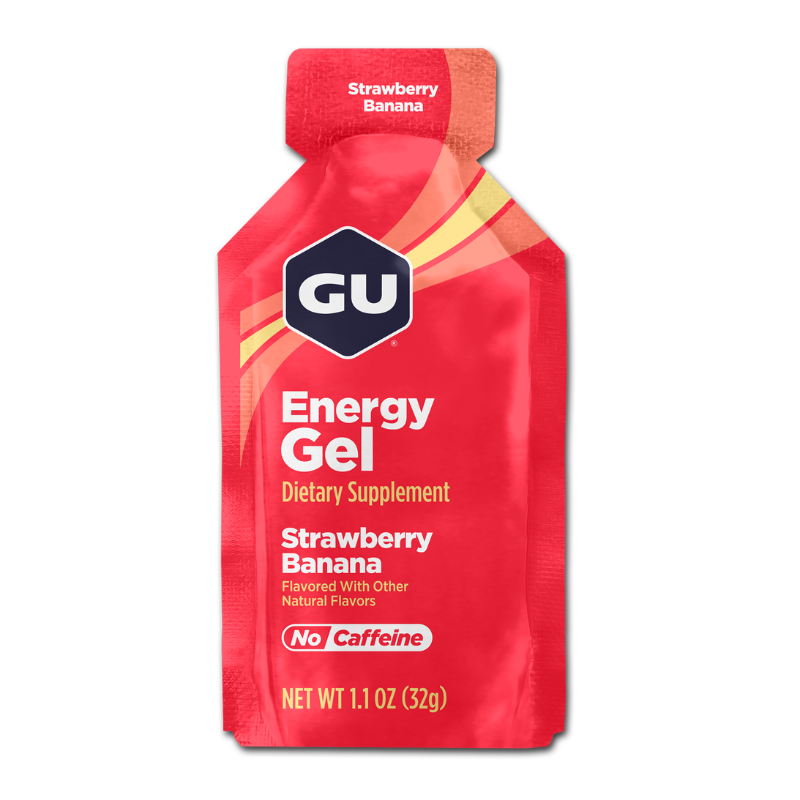 Gel energético sin cafeína GU Energy en caja con 24 unidades, snacks y endurance para deportistas, en diferentes sabores.