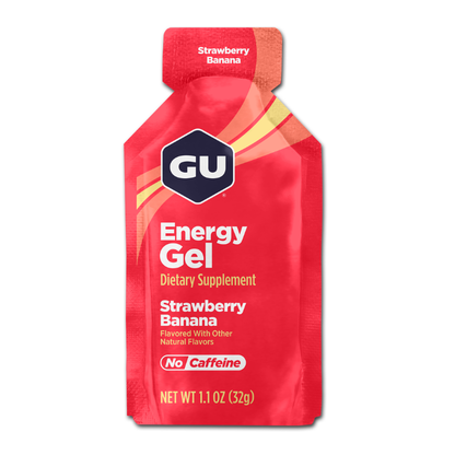 Gel energético sin cafeína GU Energy en caja con 24 unidades, snacks y endurance para deportistas, en diferentes sabores.