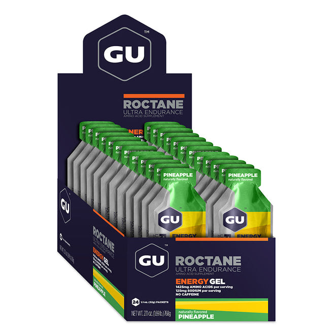 Gel energético GU Roctane sin cafeína, sabor piña, en caja de 24 unidades, snack para endurance y rendimiento.