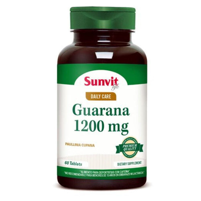 Tabletas de guaraná Sunvit Life 1200mg para pre-entrenamiento, 60 unidades, energizante natural para mejorar rendimiento físico.