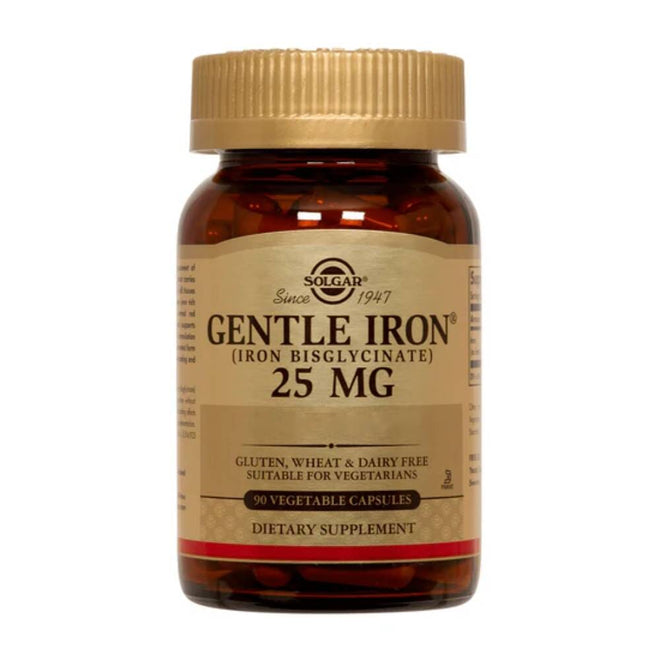 Frasco de Gentle Iron de Solgar, 25 mg de hierro por cápsula, envase con 90 cápsulas.