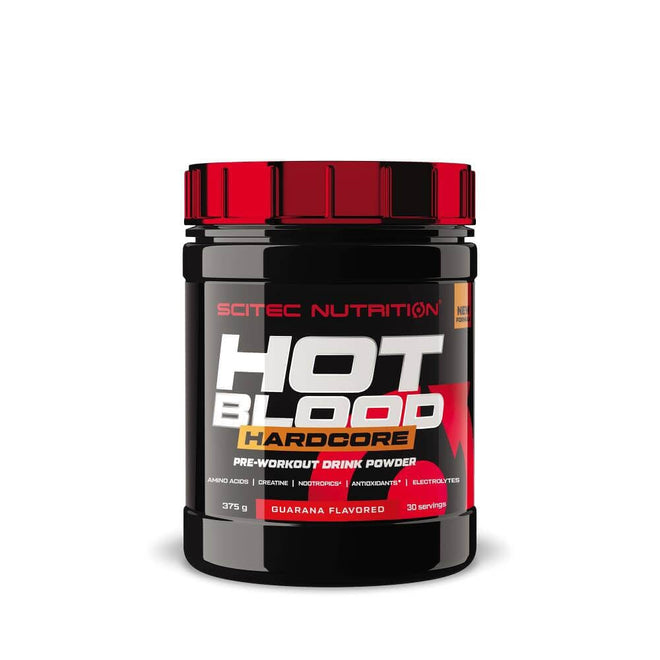 Suplemento pre-entrenamiento Hot Blood Hardcore de 375 g de Scitec Nutrition, envase con polvo para mejorar el rendimiento deportivo