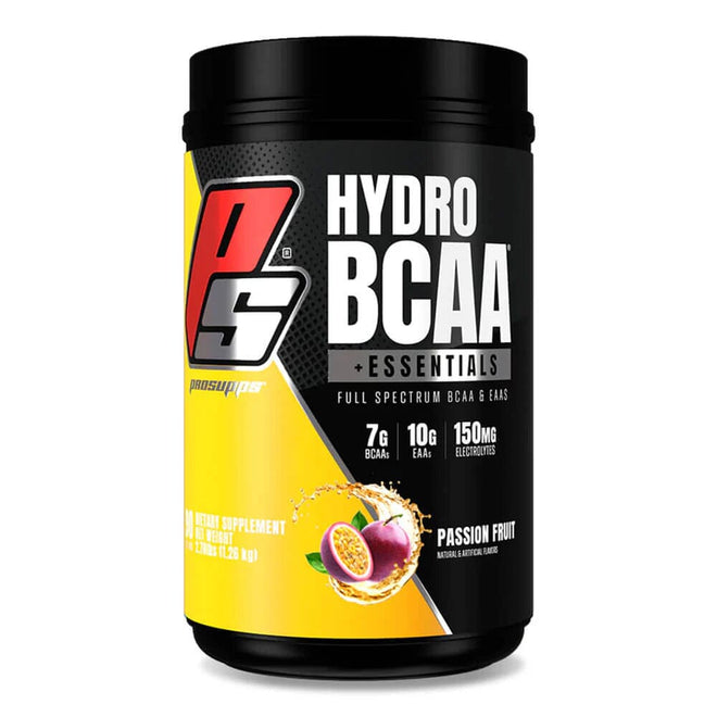 Aminoácidos Hydro BCAA Prosupps de 2,73 lb en sabor fruta pasión, botella con polvo blanco y etiqueta colorida.