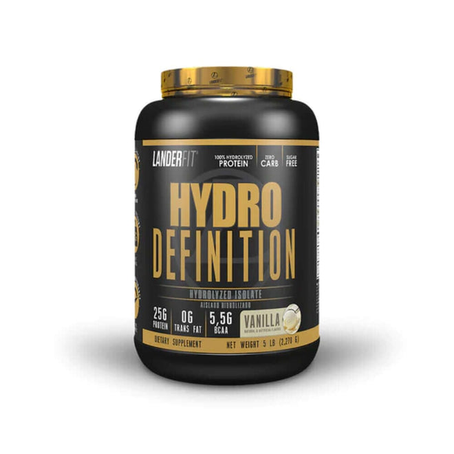 Proteína Landerfit Hydro Definition de 5 lbs sabor vainilla, polvo de aislado de proteína para ganar músculo.