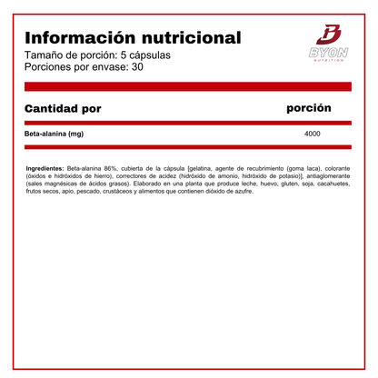 Información nutricional de la beta alanina Scitec Nutrition en cápsulas para pre-entrenamiento.