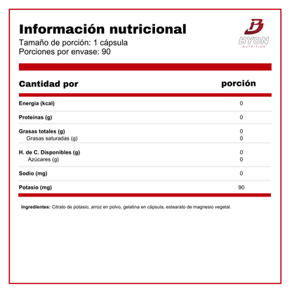Tabla nutricional de Citrato de potasio 275 mg en cápsulas de Nature's Truth, vitaminas y salud.