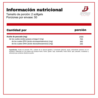 Tabla nutricional de Omega 3 Fish Oil de Scitec Nutrition, suplemento en cápsulas para la salud y bienestar.