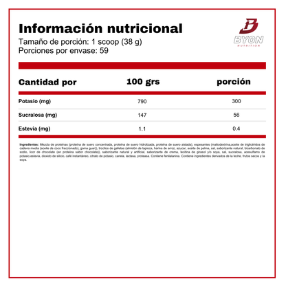 Información nutricional de la proteína Whey Gourmet Mutant de 5 lbs, con detalles sobre su contenido proteico y beneficios.