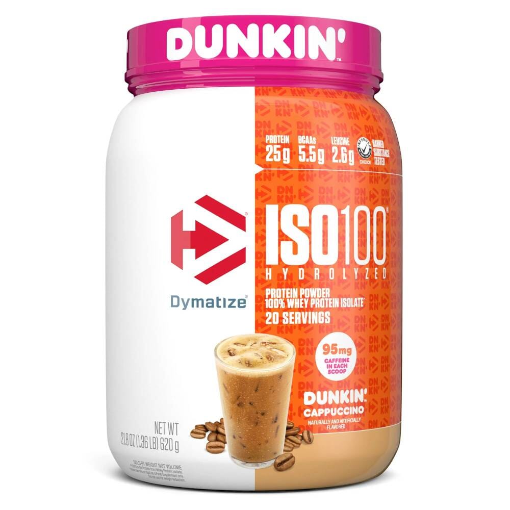 Proteínas Dymatize Iso 100 1,4 lbs, versión limitada Dunkin, sabor capuchino, envase con logo y textura de polvo.