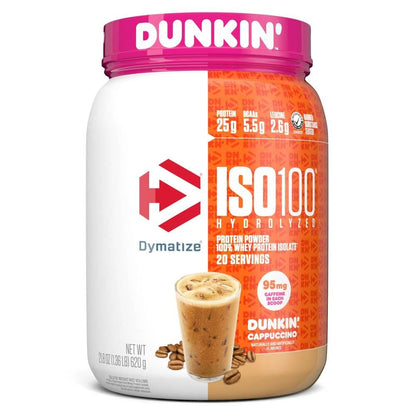 Proteínas Dymatize Iso 100 1,4 lbs, versión limitada Dunkin, sabor capuchino, envase con logo y textura de polvo.