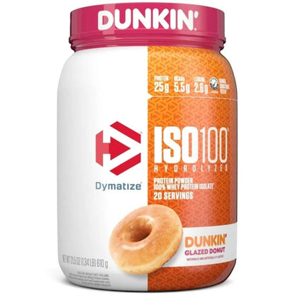 Proteínas Dymatize Iso 100 1,4 lbs, versión limitada Dunkin con sabor a donut glaseado y envase de proteína en la imagen.