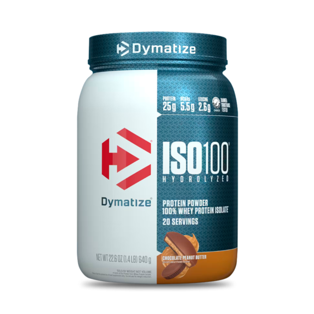 Proteínas ISO 100 de Dymatize en sabor mantequilla de maní con chocolate, paquete de 1.4 lb, polvo hidrolizado para ganar músculo.