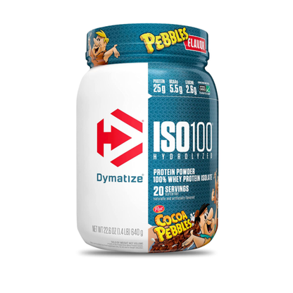 Proteínas ISO 100 de Dymatize en sabor Cocoa Pebbles, envase de 1.4 lb, polvo hidrolizado para ganar músculo y recuperación.