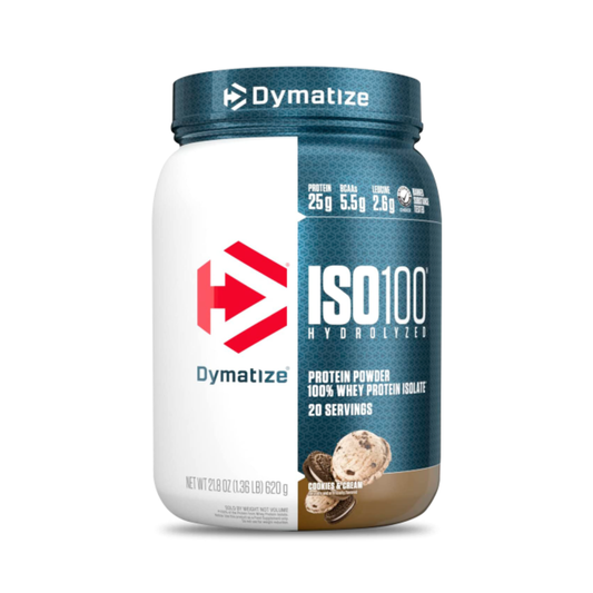 Proteínas ISO 100 Dymatize sabor crema de galleta en envase de 1.4 lb, polvo hidrolizado para recuperación muscular.
