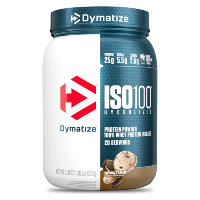 Proteínas ISO 100 Dymatize sabor crema de galleta en envase de 1.4 lb, polvo hidrolizado para recuperación muscular.