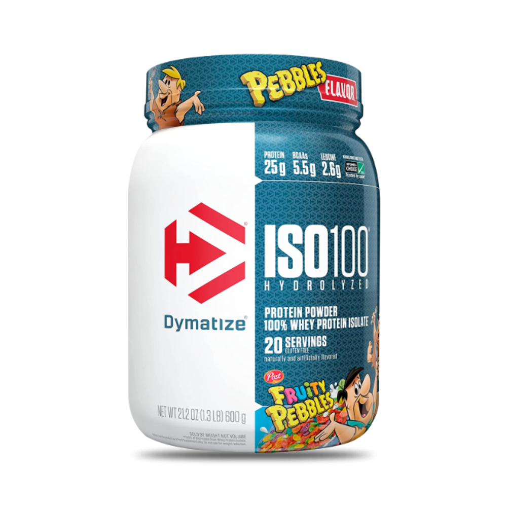 Proteínas ISO 100 de Dymatize en sabor Fruity Pebbles, envase de 1.4 lb, polvo de proteína hidrolizada para recuperación muscular.