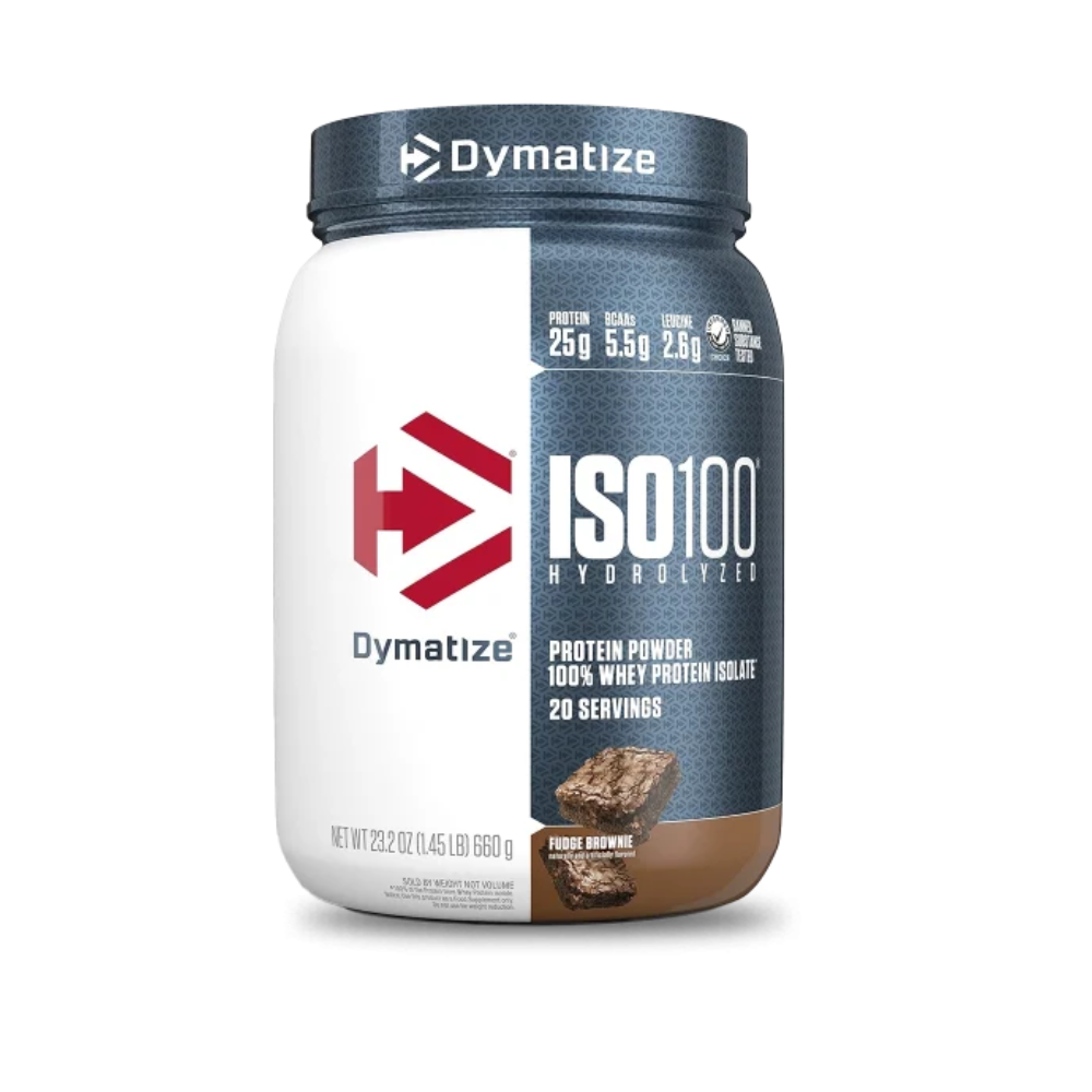 Proteínas ISO 100 Dymatize sabor brownie de 1.4 lb, polvo hidrolizado para ganar músculo y recuperación.