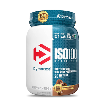 Proteínas ISO 100 Dymatize de 1.4 lb en sabor chocolate gourmet, polvo hidrolizado para recuperación muscular.
