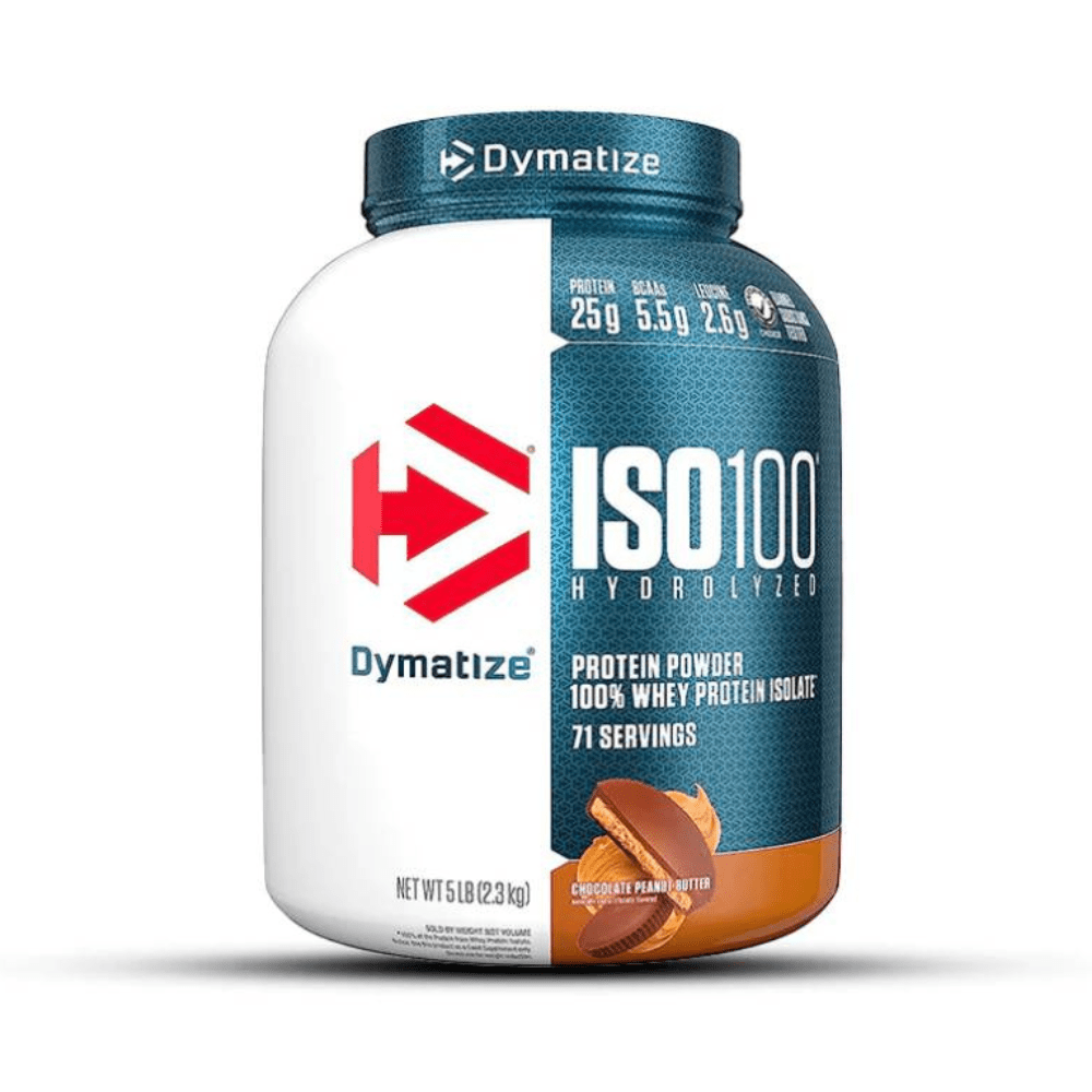 Proteína hidrolizada y aislada ISO 100 de Dymatize en sabor chocolate peanut butter, polvo para ganar músculo y recuperación.
