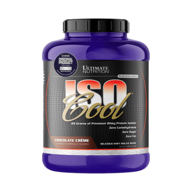 Proteínas Iso Gold Ultimate Nutrition de 5 lbs, envase con etiqueta y tapa, en fondo blanco.