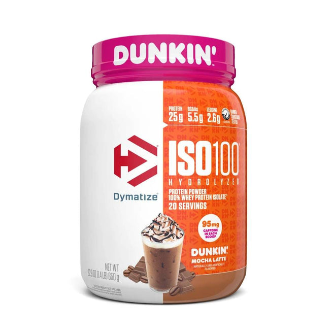 Proteínas Dymatize Iso 100 1,4 lbs edición limitada Dunkin, sabor Mocha Latte, envase con etiqueta y tapa.