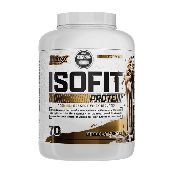 Jarra de 5 libras de proteína isoformada Nutrex Isofit sabor chocolate, ideal para batidos proteicos.