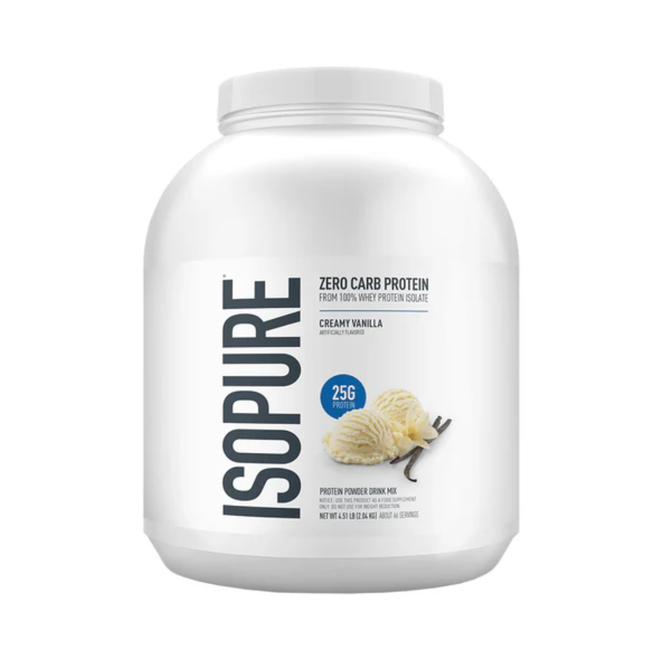 Proteínas Isopure Zero Carb de 4.5 lb de Byon Nutrition, envase con polvo de sabor vainilla sobre fondo blanco