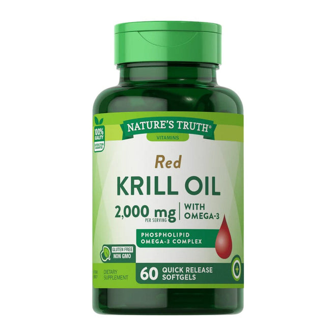 Suplemento de aceite de krill Omega 3 2000 mg en 60 cápsulas blandas de Nature's Truth, fuente de ácidos grasos saludables.