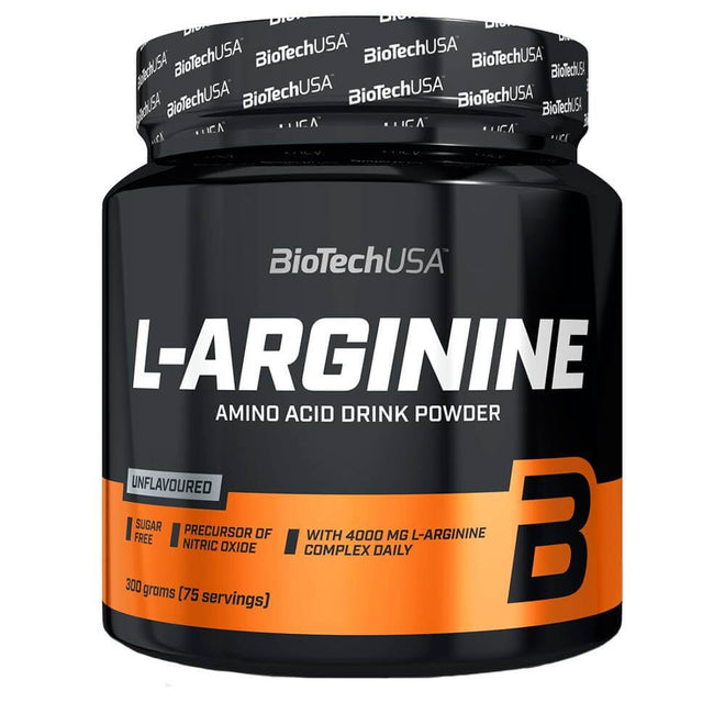 Aminoácidos L-Arginina de 300 g de la marca BiotechUSA, en envase con polvo blanco y etiqueta en la imagen.