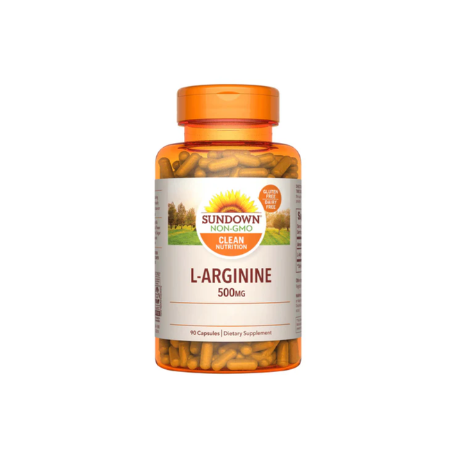 Suplemento de aminoácidos L-Arginina 500 mg de Sundown Naturals en cápsulas, con 90 unidades en la imagen.