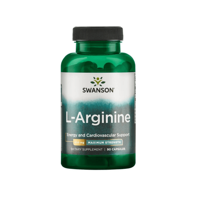 Cápsulas de L-Arginina Maximum Strength 850 mg de Swanson, suplemento de aminoácidos en envase de 90 cápsulas.