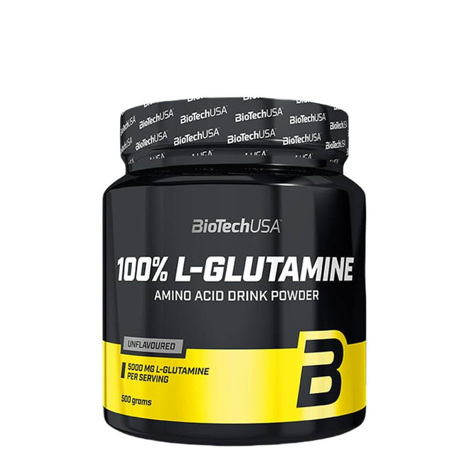 Aminoácidos L-Glutamina BiotechUSA en polvo de 500 gramos, envase con etiqueta y tapa, para recuperación muscular.